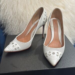 Baldinini White Patent Leather Crystal Embellished Pointed Toe Pumps Size 38 / 7